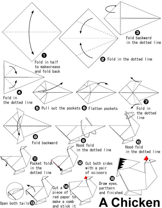 手工折纸公鸡的基本折法教程展示出折纸公鸡是如何进行制作的
