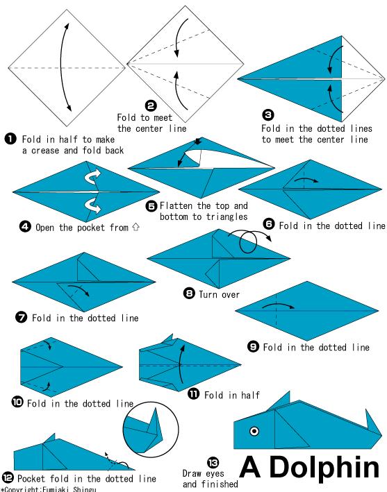 折纸海豚的基本折法教程展示出折纸海豚如何用手工制作
