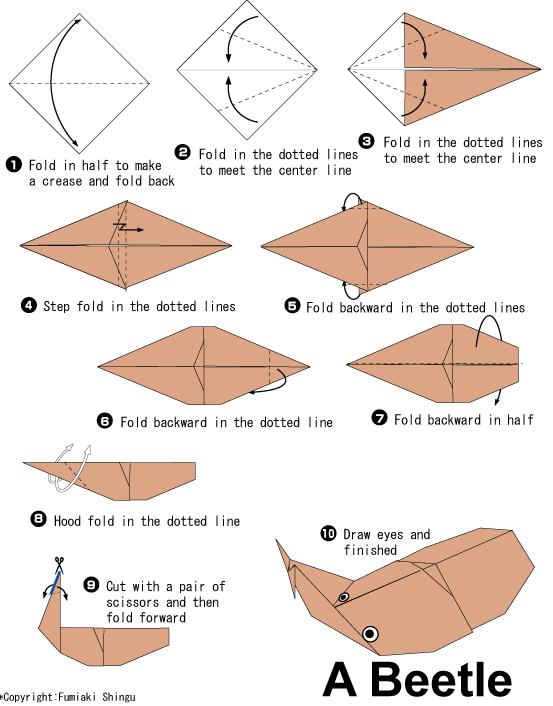 手工折纸甲虫折法图解教程展示出折纸甲虫是如何进行制作的