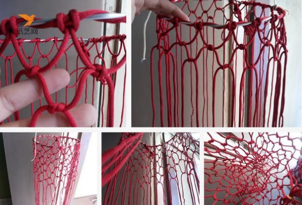 用单根的绳子固定到铁丝圈上之后就可以两两开始打结编织啦，之后在下端打结就成网兜啦