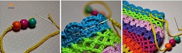 用辫子针编织一根线，穿上珠子，然后缝到包包上面的花边上