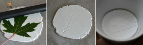 将叶子放在擀成薄片的超轻粘土上面，压一下，让叶子的叶脉印在薄片上面，然后用杯子之类圆形口的工具压成圆形，放在碗底定型