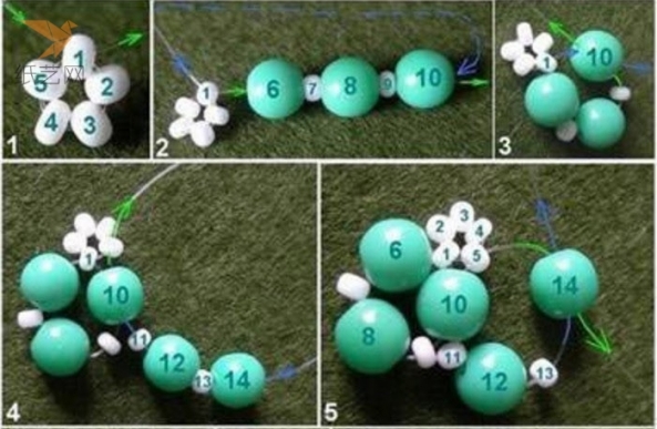 如编织教程图片所示，串珠串法分为：五颗白色五瓣花型串法，大珠小珠间隔串法