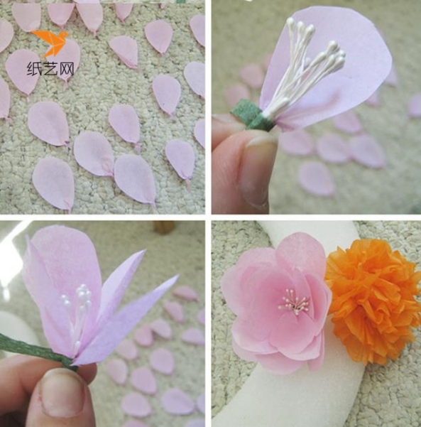 将彩纸剪成一个个花瓣，然后包在花蕊周围，交错粘贴好
