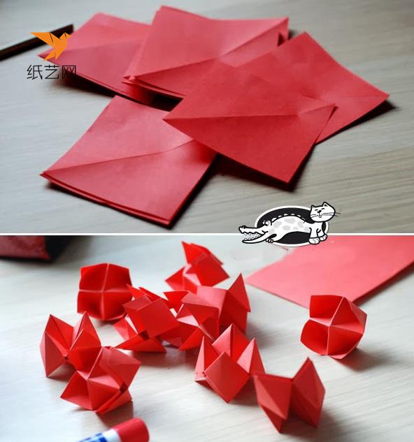 将红色的纸裁成小正方形，然后折叠好