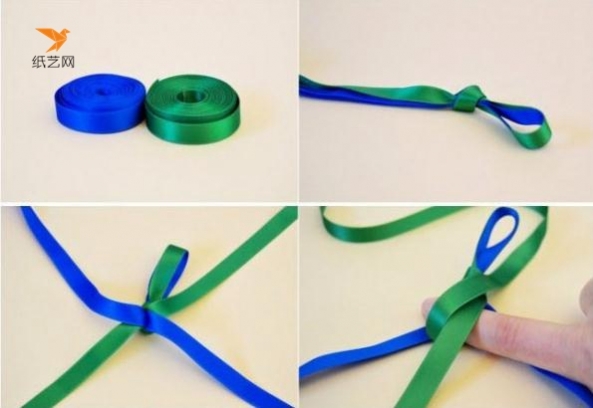 用丝带编织项链的时候，我们准备两种不同颜色的丝带，将这两种颜色的丝带从中间位置打结固定到一起，然后分开，就可以开始进行编织了