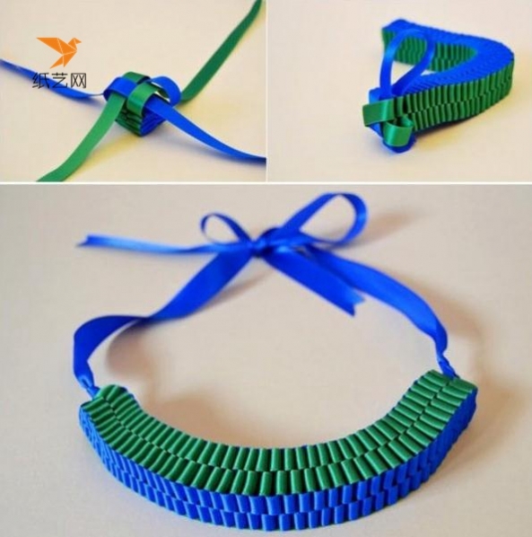继续编织，直到你认为长度够了就可以将两端固定到丝带上，然后作为项链啦！