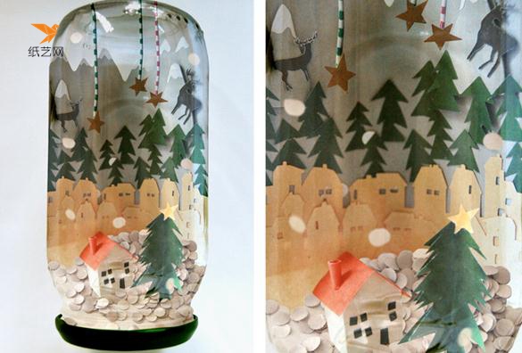 最后用白纸剪成小圆片作为雪花放到玻璃瓶里面，然后拧上瓶盖就是一个漂亮的圣诞水晶球啦。