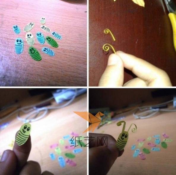 在彩纸上面画出小蝴蝶的身体，然后用细细的纸条制作触角粘到蝴蝶身体上面