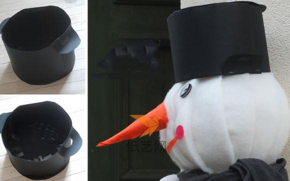 用黑色的纸张制作一个帽子戴到雪人头顶