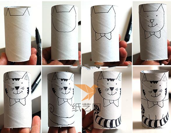 先要用彩笔在卫生纸筒上面画出小猫咪来