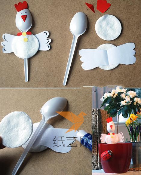 用一次性勺子和不织布可以制作成小公鸡的样子