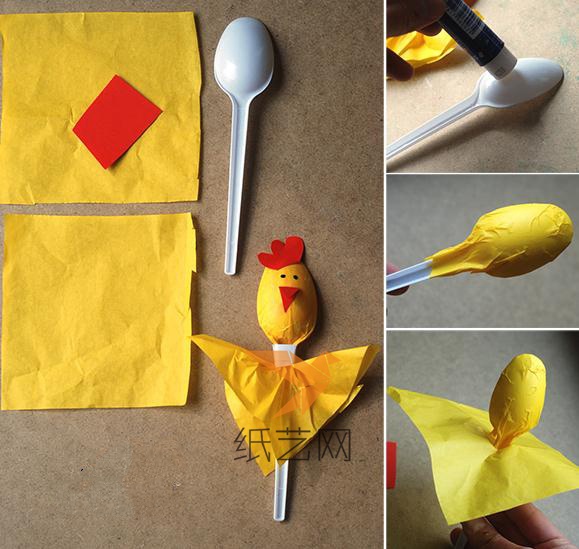 可以先用黄色的纸张粘到勺子上面，然后再制作成小公鸡