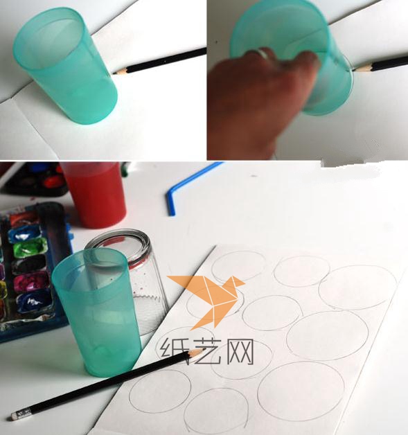 用杯子底作为圆形的模具，在白纸上画上圆形