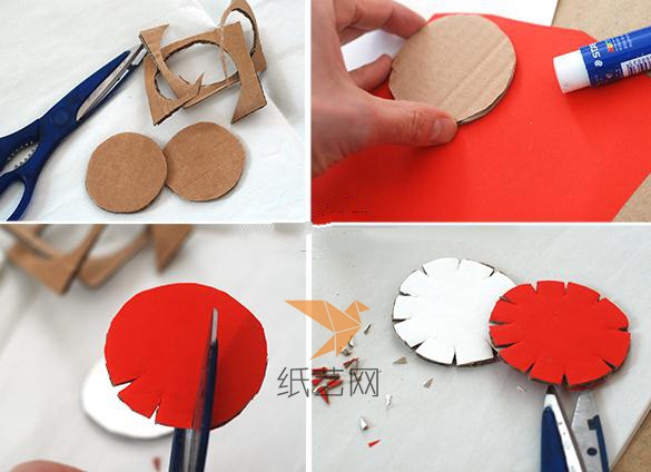 先用剪刀将纸板剪成同样大小的圆形，然后将一部分纸板粘到红色的纸张上面，再剪下来，之后用剪刀在圆形边缘剪出缺口