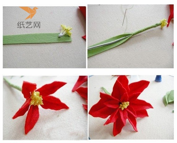 和花蕊连着的长细杆用绿色不织布包裹装饰 然后把每片花瓣粘合起来
