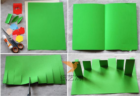 线把绿色的纸张对折，然后在折叠的一边用剪刀剪出长短不一的开口，并且折叠几条
