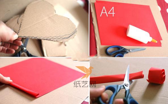 首先根据需要用纸板剪出一个心形，然后将红色的彩纸卷成纸卷，用剪刀剪成一小段一小段的