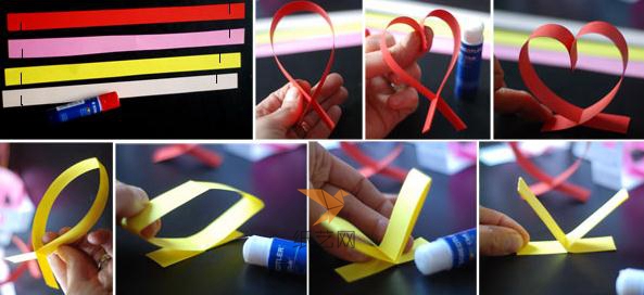 把四种颜色的彩纸剪成同样长度和宽度的纸条，然后就用红色和黄色的纸条来制作心形和字母啦