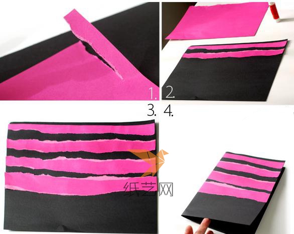 将粉色彩纸撕成条，粘到黑色纸张上半部分，然后对折