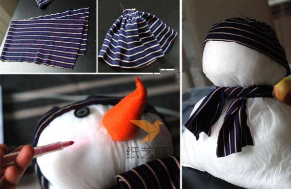 然后用布做成围巾和帽子，或者直接用围巾和帽子也可以，用纽扣作为雪人的眼睛