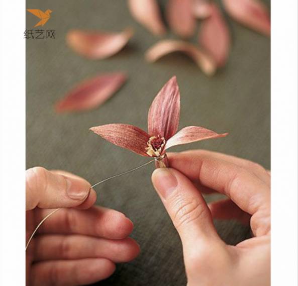 用剪刀剪下自己想要的花瓣的形状，用细扭细做最后的固定