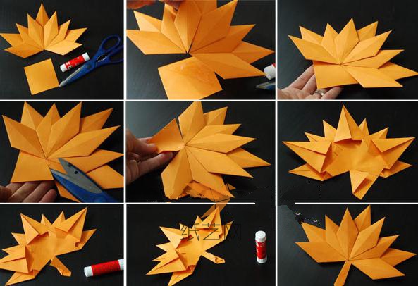 用纸张折叠成下面叶柄的样子，粘到制作好的枫叶上面