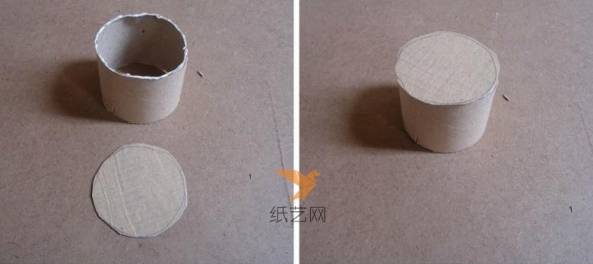 然后用一块剪成圆形的纸板做为底，粘到纸筒的底部