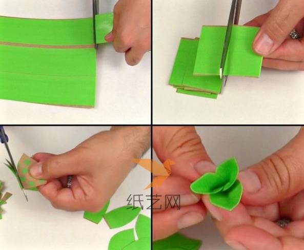 把绿色的胶带贴到硬纸上面，然后剪下来剪成叶子的样子