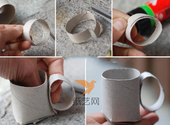 用剪下来的纸筒环作为茶杯的把手粘到杯子侧面