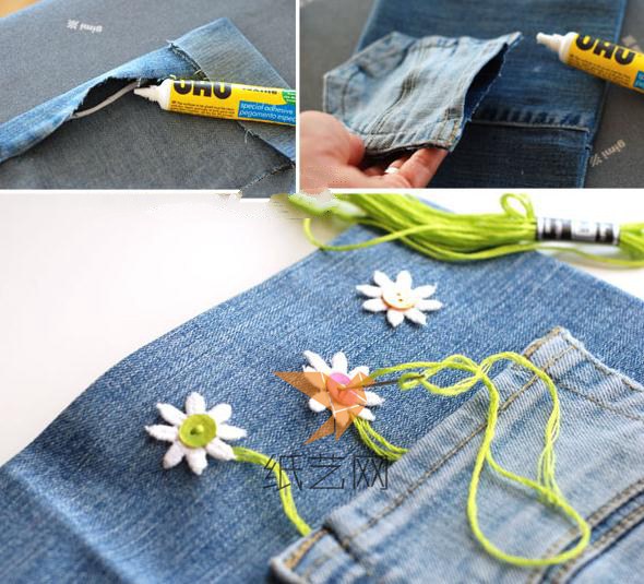 剪下一个口袋来就可以用来放笔了，在小花朵上面可以缝上花茎