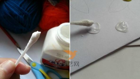 接着，就可以用棉签蘸着白胶在需要粘毛线的位置涂上胶了