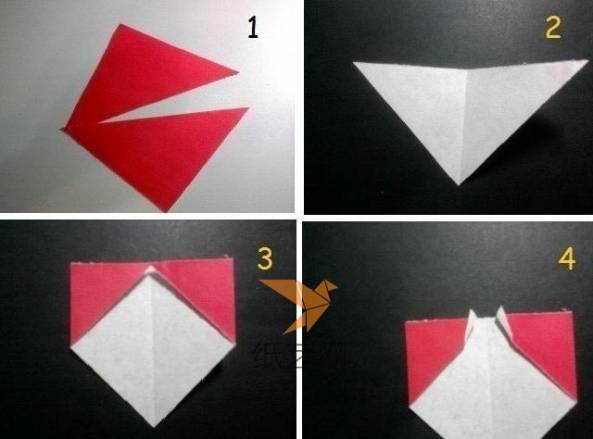 制作折纸老鼠用的是一面彩色一面白色的彩纸，将一张正方形的纸对折之后，裁成三角形，然后开始折叠