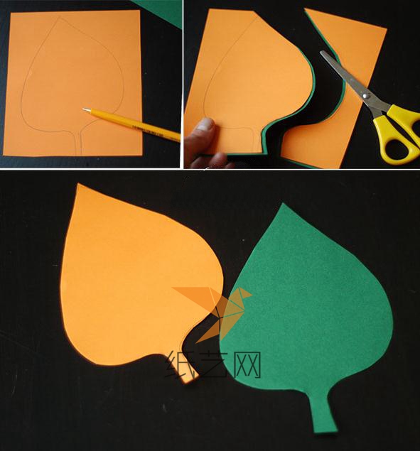 用铅笔在纸张上面画出叶子的形状，然后用剪刀剪下来