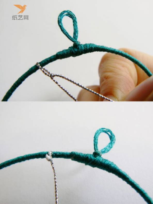缠绕完后开始用银丝缠线结圆环中间部分的网状