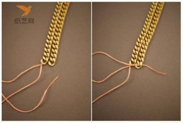 金属链条摆成两条，一段用棉线系在一起