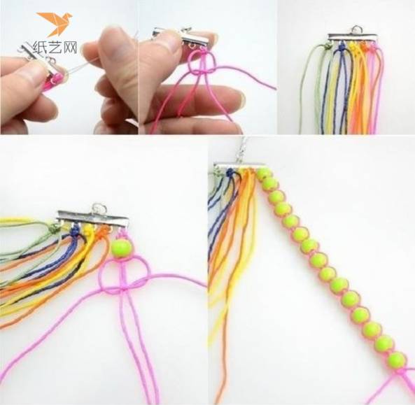 彩色编织绳固定在金属组件上，开始穿珠，穿一个珠系一个结，这样穿好一条