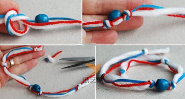 然后在串珠的绳子边上用其它两种颜色的绳子来打结，继续这样打结编织就完成这条手链的编织了