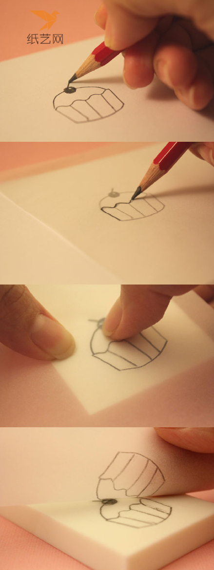 先在纸上画上要刻的图章的造型，然后趁着笔迹还热赶紧印在橡皮上