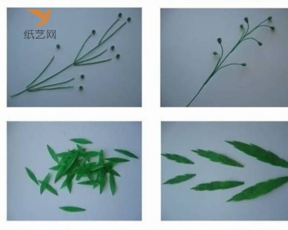 先用铁丝做花茎部分，用绿色带有褶皱纹理的纸做树叶