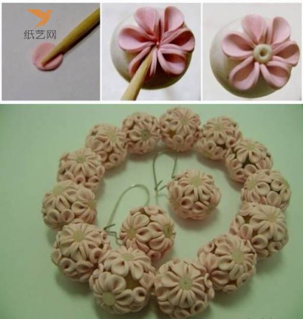 刻出来的小圆片压扁成花瓣状，一片一片花瓣固定在白色圆形软陶泥圆球上，组成花朵状