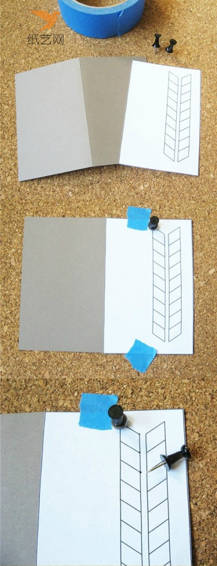 在纸上画好后面要刺绣的图案，画好以后纸片用胶布固定上下两处