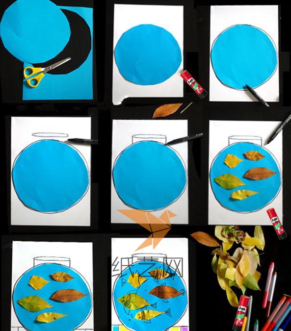 我们剪下一个圆形的蓝色纸张作为鱼缸，贴到白纸上面，然后用树叶贴上作为鱼缸里面的小鱼