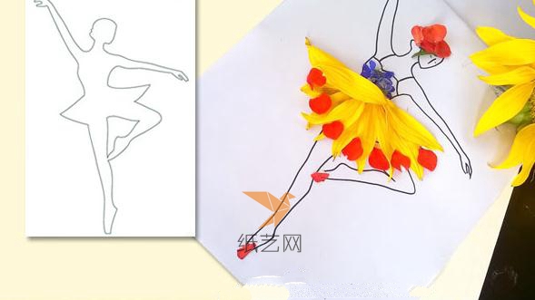 用花瓣来制作的这个跳舞的女孩的作品就是很巧妙的利用了花瓣的纹理来制作的女孩的裙子