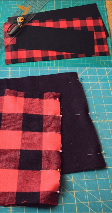 黑红方格布料裁剪下来，准备缝制