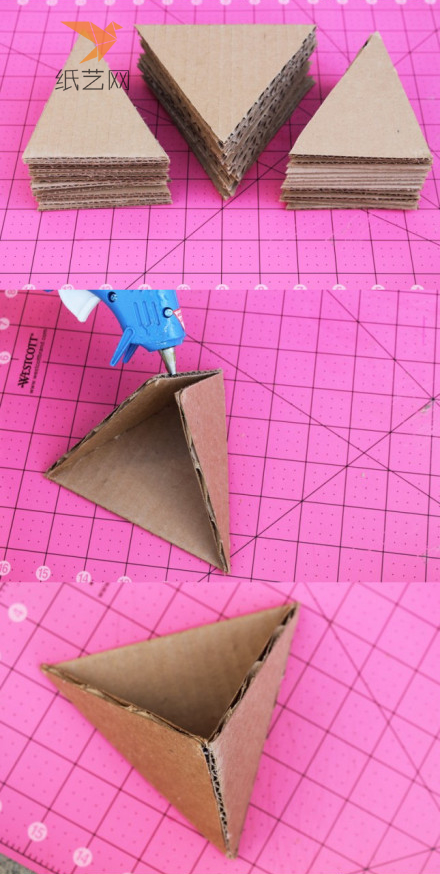 把纸上画下的三角形比照剪下三角形瓦楞纸，然后组合成三角体