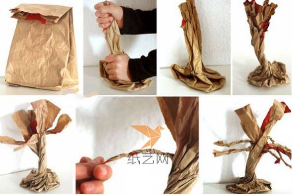 先把一个购物纸袋用手拧成树干的样子，然后撕开作为树枝