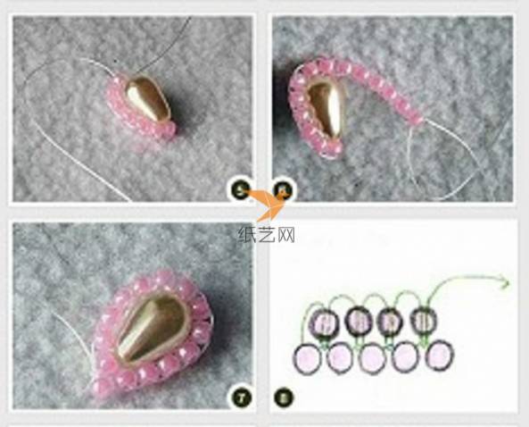 泪滴形状的串珠固定在中间，两边用粉色小串珠串连装饰起来
