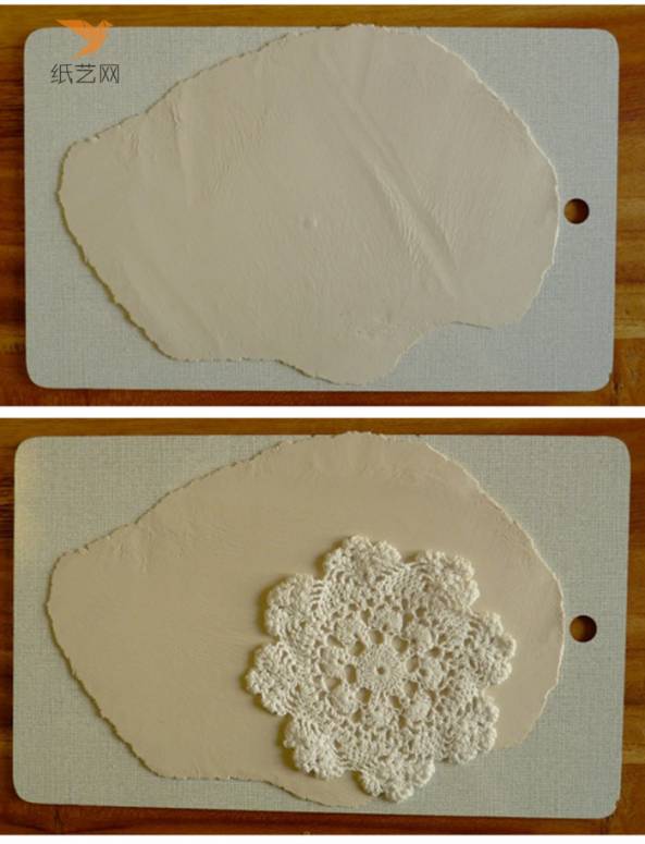 粘土摊平如图所示，蕾丝花边餐垫压在粘土上