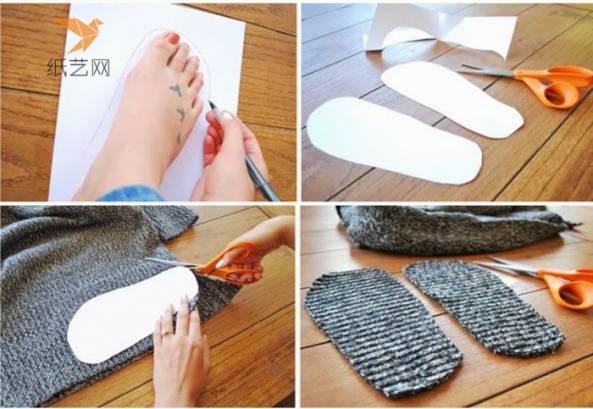 先在纸上画下脚的形状轮廓，然后剪下纸样，把纸样放在毛衣上比照着剪下来